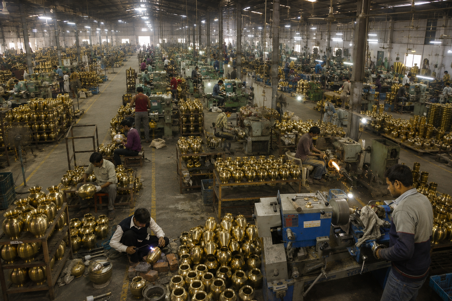 1 Dollar Imports, LLC β sprawling brass manufacturing facility in Moradabad, India with hundreds of artisans crafting cremation urns and brassware