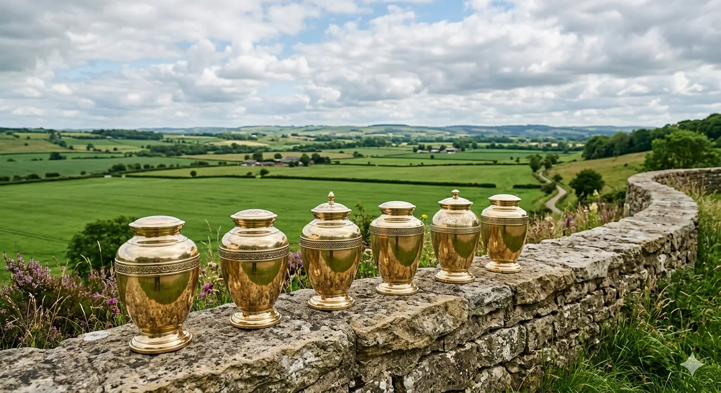Handcrafted brass cremation urns display