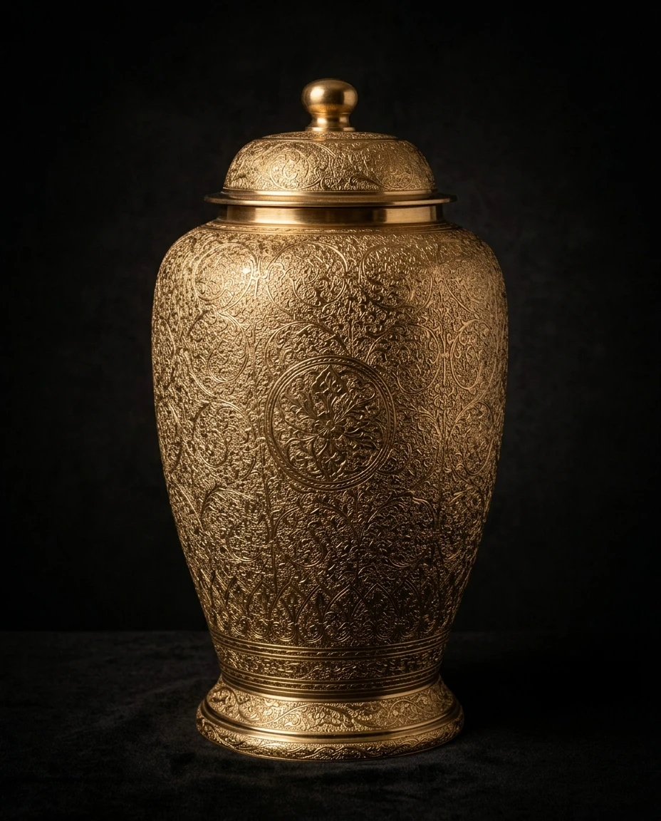 Finished engraved gold brass heirloom urn